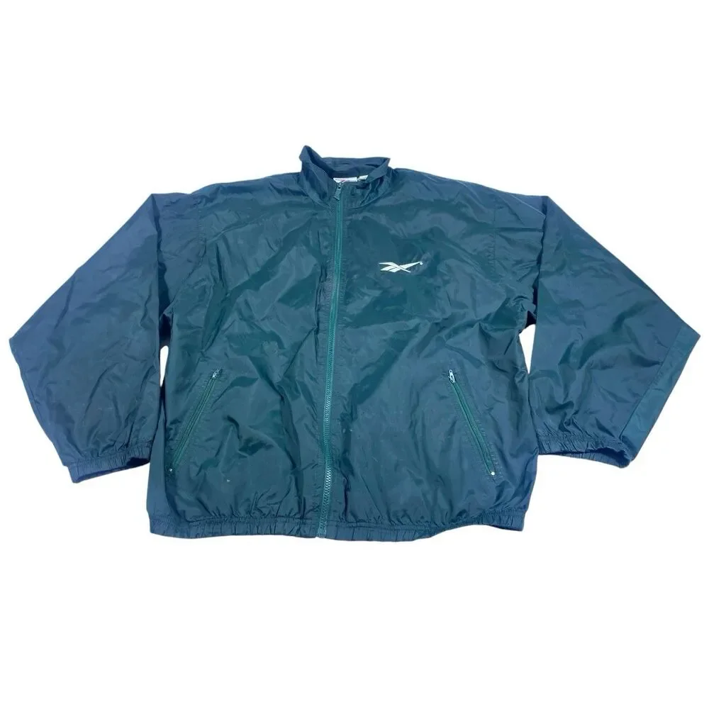 Vintage 90s Reebok Windbreaker Jacket Mens MED Green White Logo Full Zip Nylon